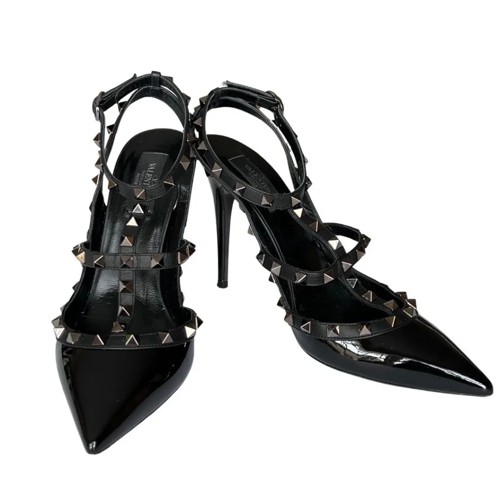 Valentino Garavani Rockstud T-strap Black Patent Leather Pumps Size 11 (41) Box